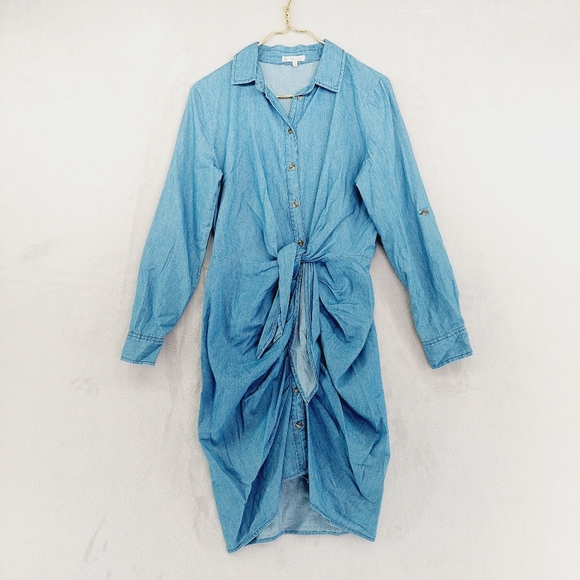 Veveret Dresses & Skirts - Veveret Women's Light Blue Long-Sleeve Button-Up Tie-Front Shirt Dress P6959
